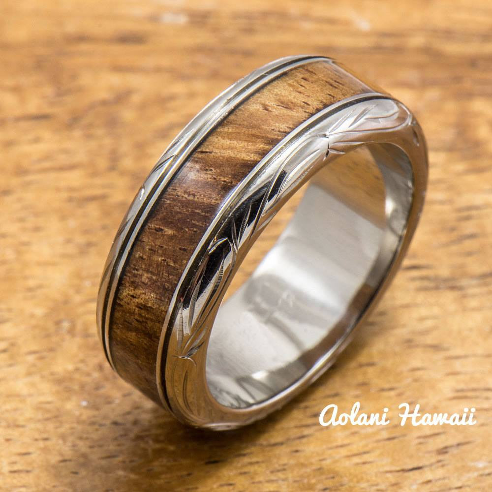 Titanium Wedding  Ring  Set with Hawaiian  Koa Wood Inlay 