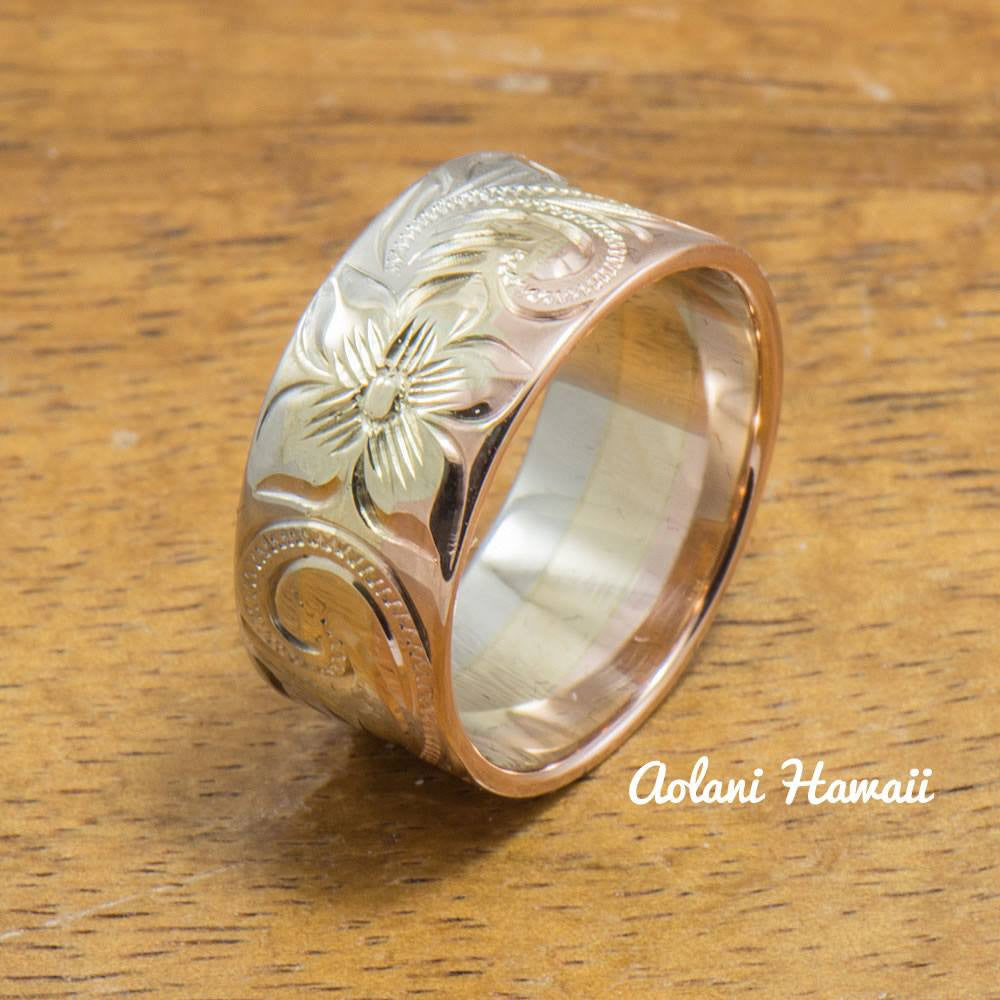 3 Tone 14k Gold Traditional Hawaiian Ring Hand Engraved (Flat style, 9mm)