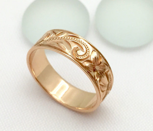 Traditional Hawaiian Hand Engraved 14k Gold Ring (6mm width, Flat Styl ...