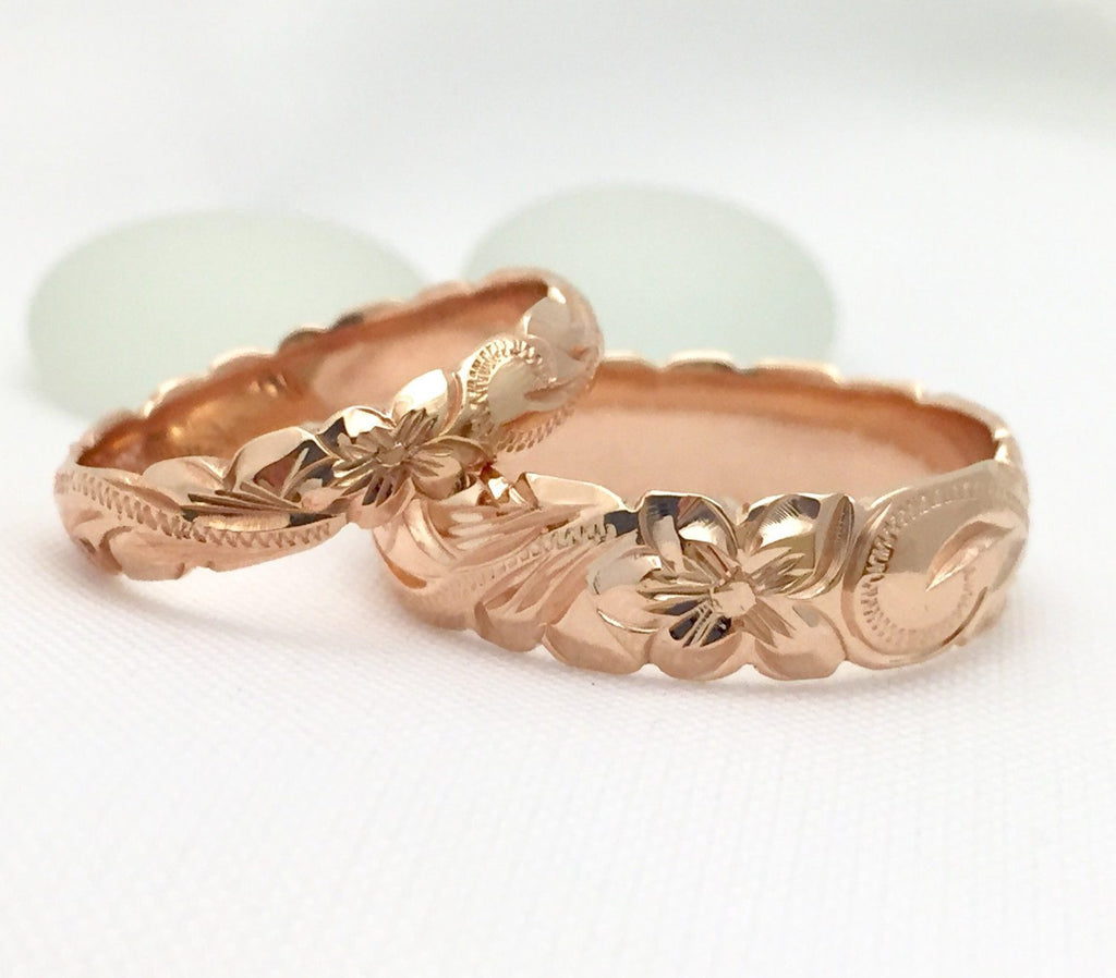 Gold wedding Ring Set of Traditional Hawaiian Hand Engraved 14k Pink G ...