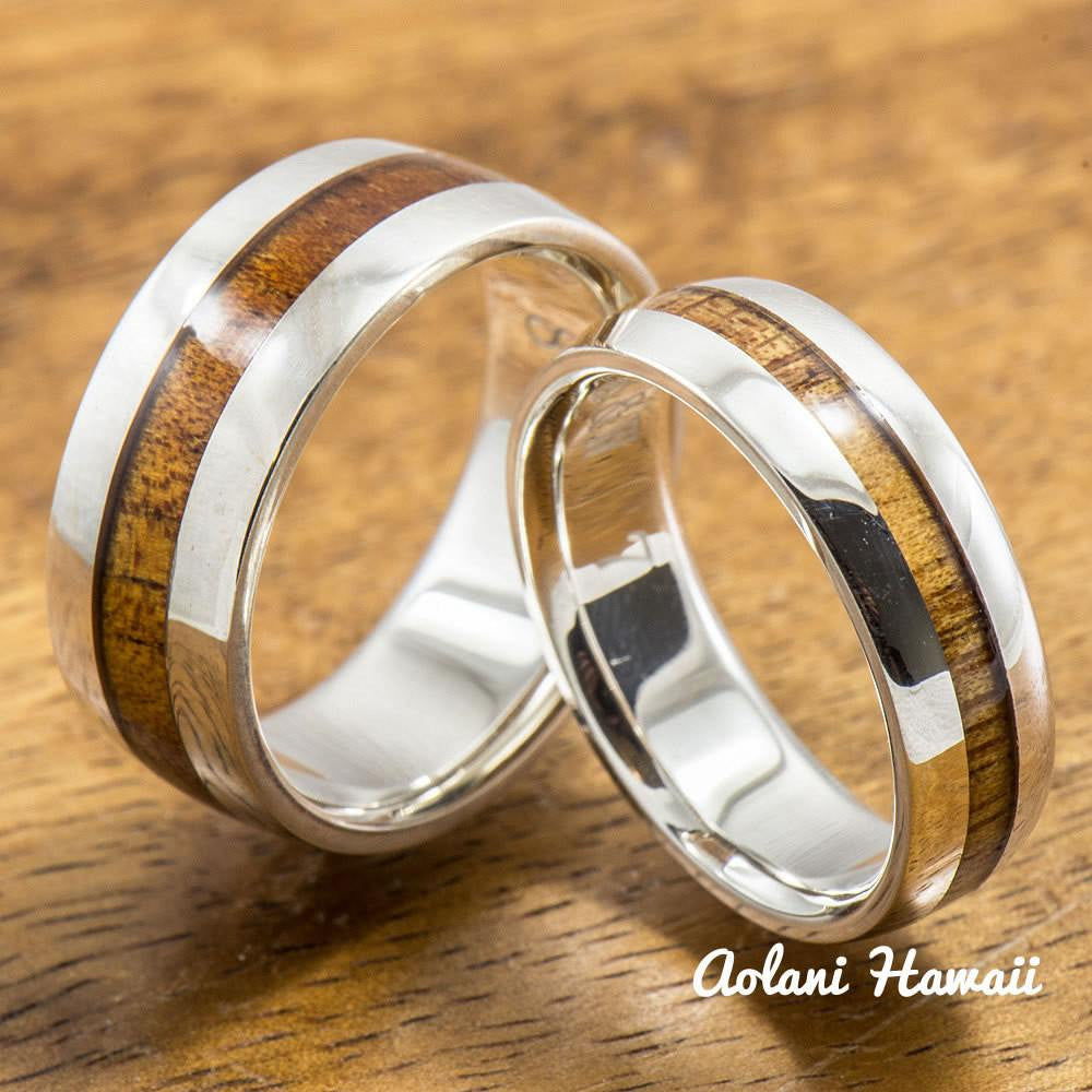 Sterling Silver Wedding Band Set with Koa Wood Inlay (6mm