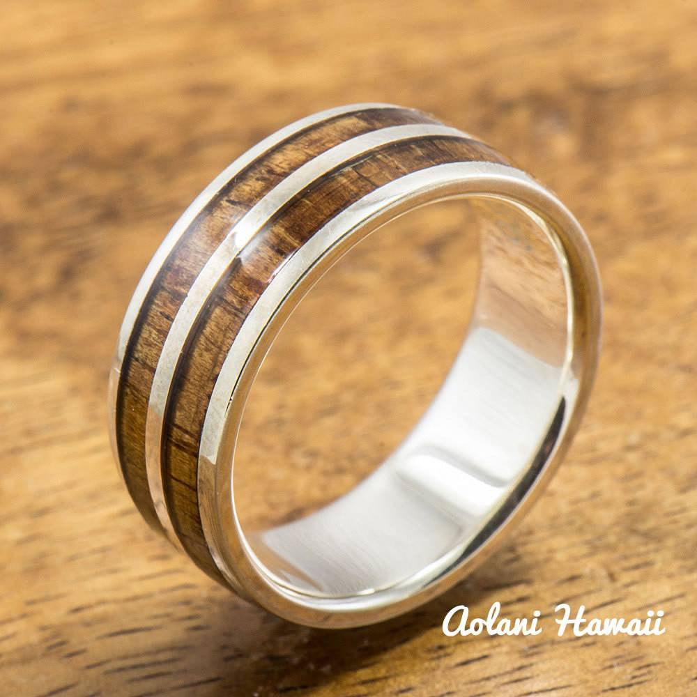 Sterling Silver Wedding Band Set with Koa Wood Inlay (6mm
