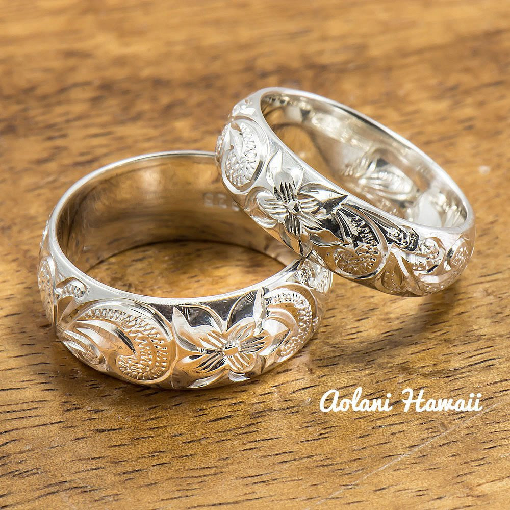 Silver Wedding Ring Set of Traditional Hawaiian Hand