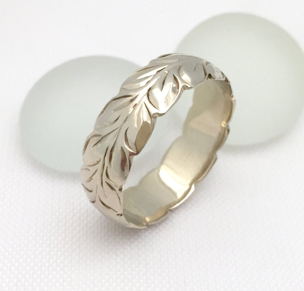 Hawaiian Ring Hand Engraved 14k White Gold Barrel Ring