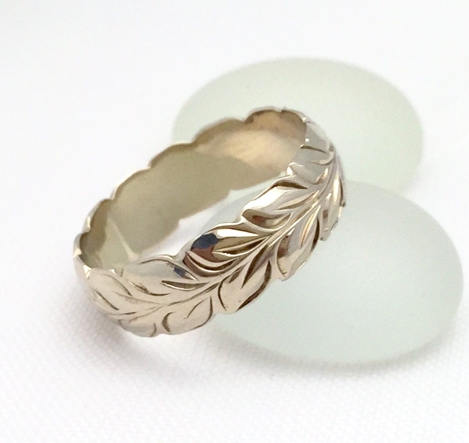 Hawaiian Ring Hand Engraved 14k White Gold Barrel Ring