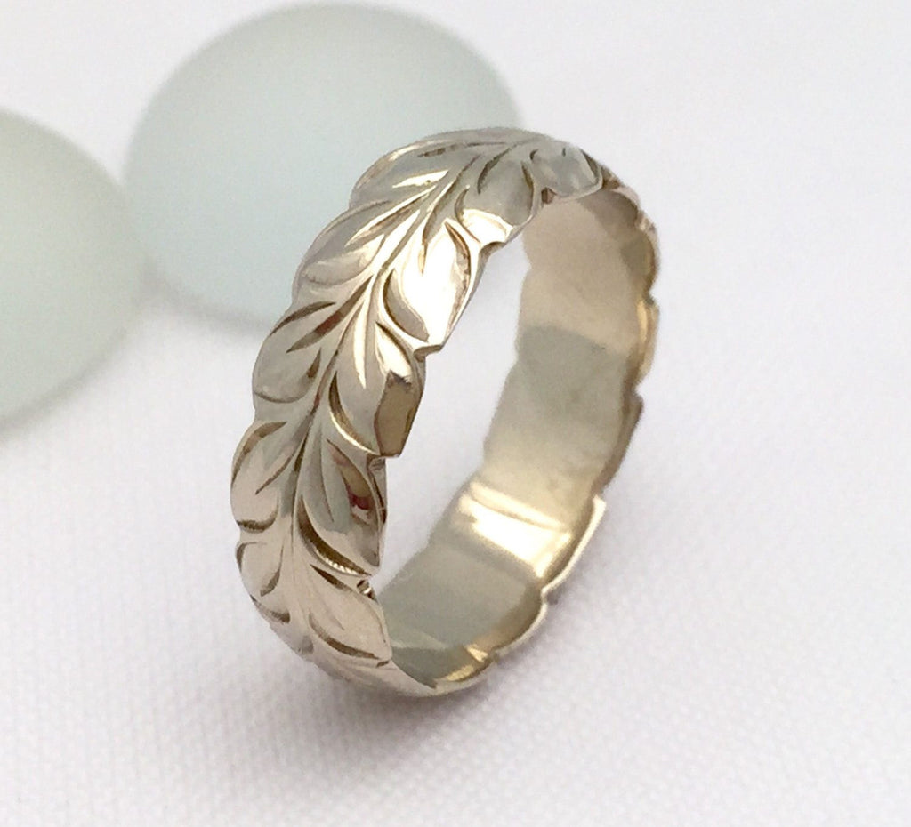 Hawaiian Ring Hand Engraved 14k White Gold Barrel Ring