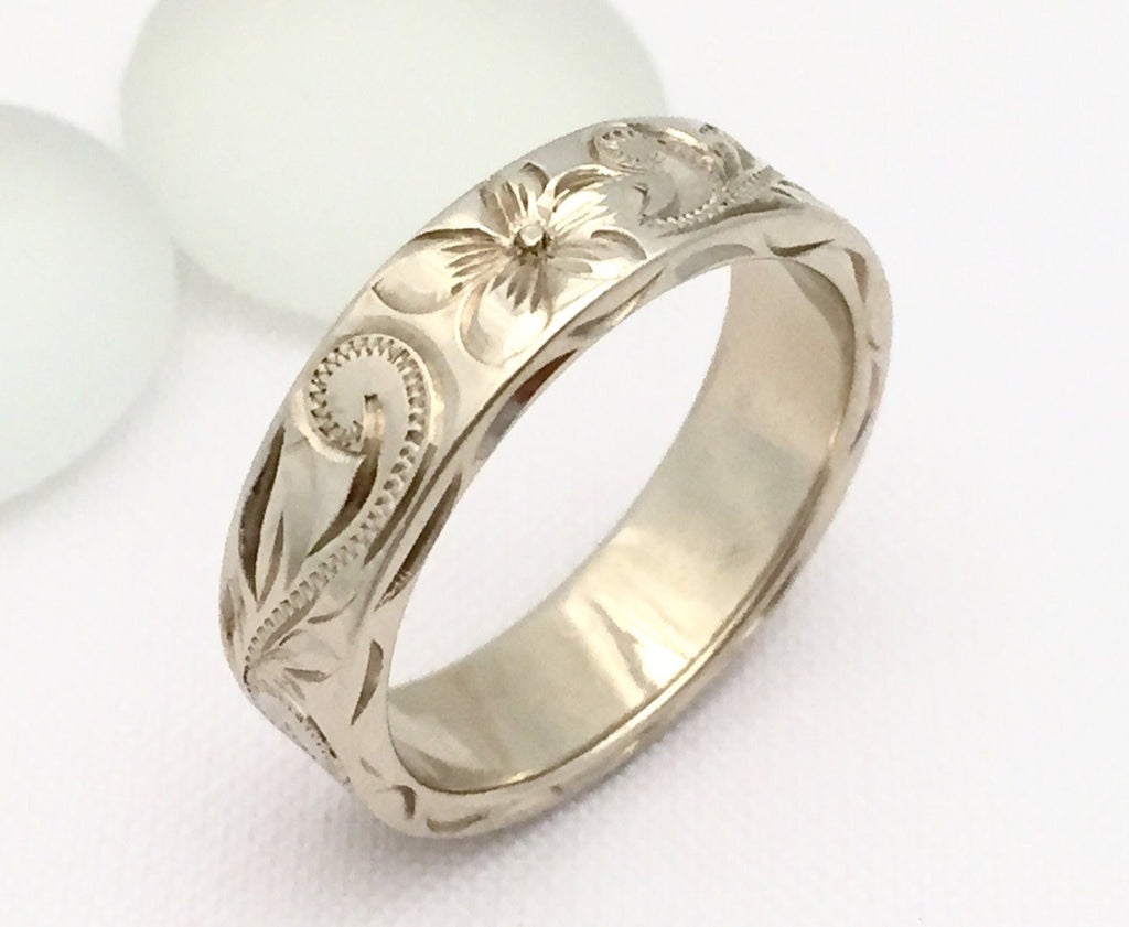 14K Gold Traditional Hawaiian  Hand Engraved Ring  4mm 