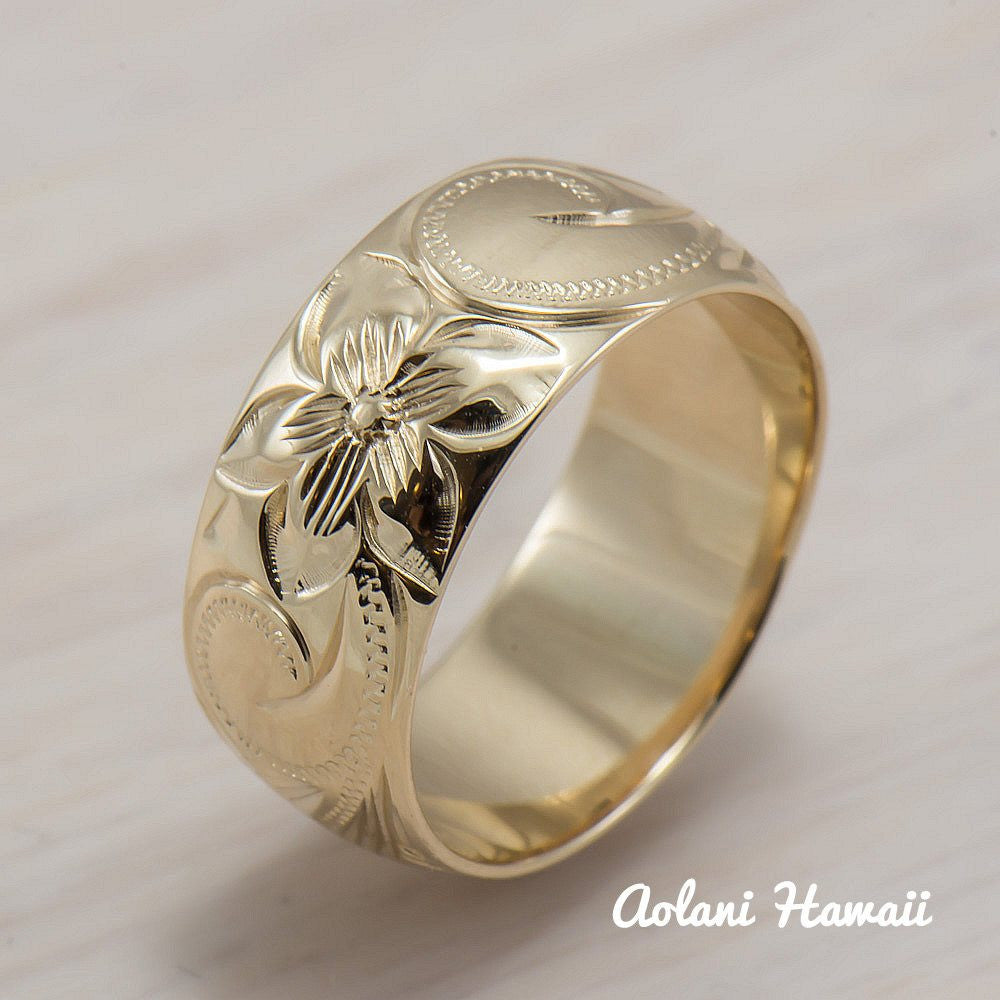 14K Gold traditional Hawaiian Hand Engraved Ring 8mm Width