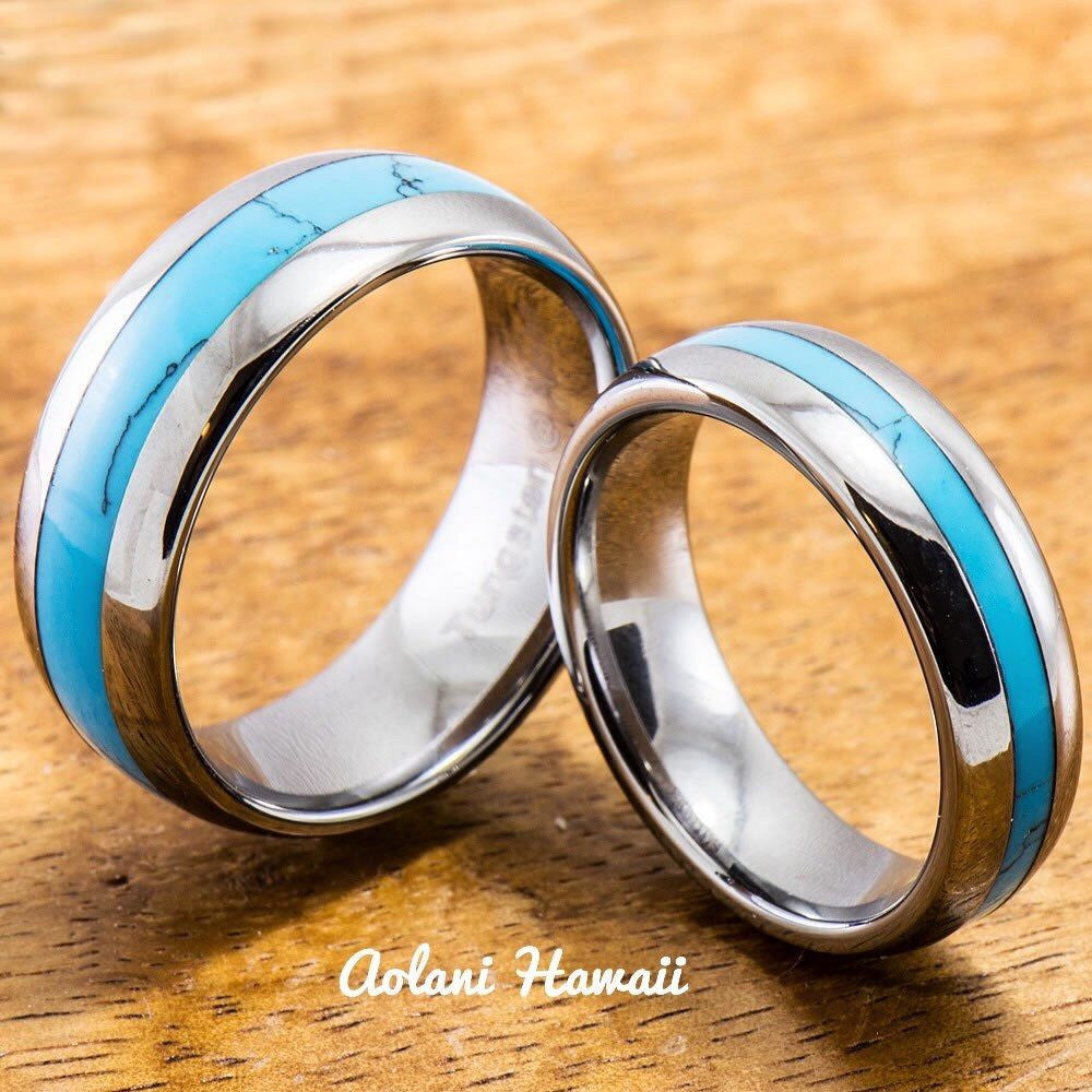 Wedding Band Set of Tungsten Rings with Turquoise Inlay