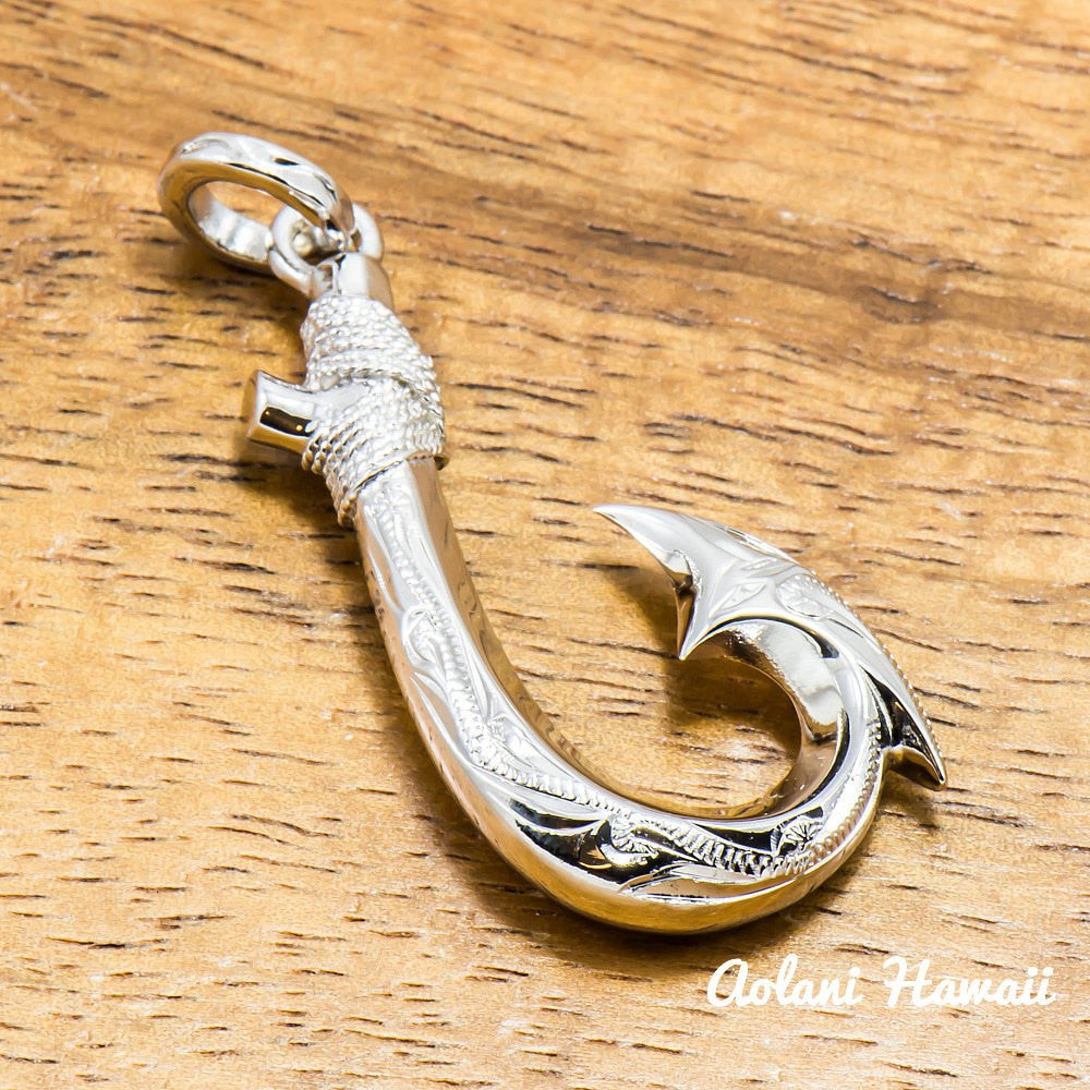 Silver Hawaiian Fish Hook Pendant with Opal Inlay