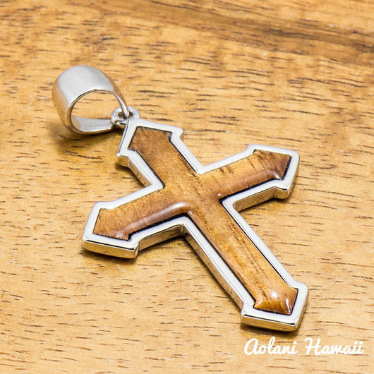 Hawaiian Koa Wood Cross Necklace - Gunmetal