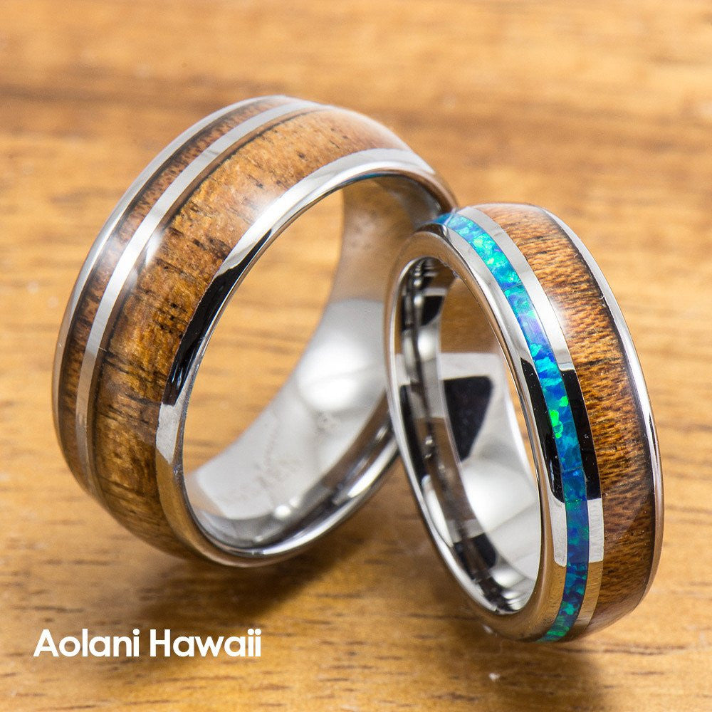 Tungsten Koa Wood Wedding Band Set with Opal Inlay (6mm 8mm Width