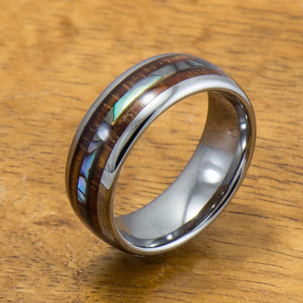 Abalone and Koa Wood Tungsten Ring Aolani Hawaii