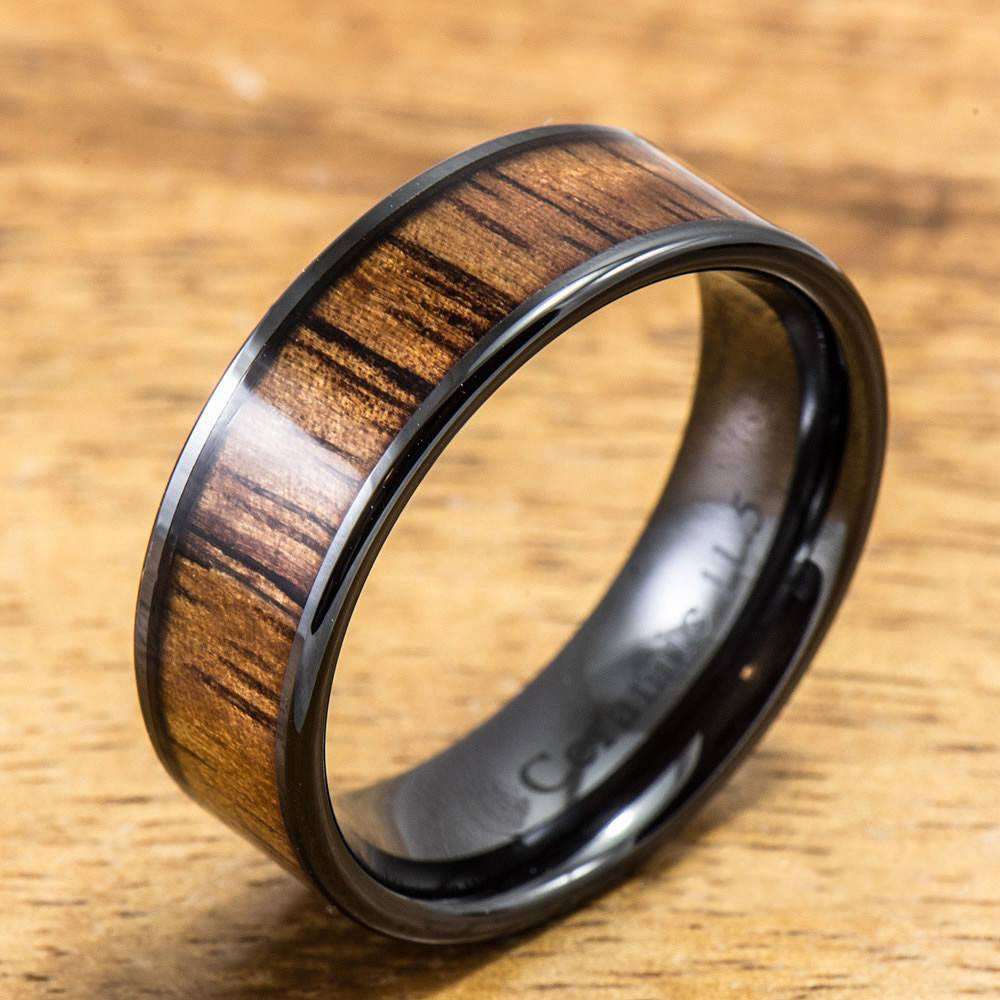 Black Ceramic Ring with Hawaiian Koa Wood (4mm 8 mm