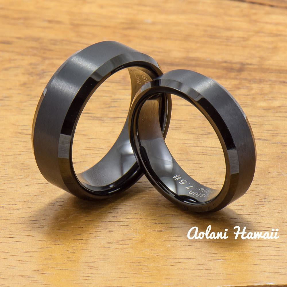 Black Tungsten Ring with Brushed Satin Center Inlay (6mm - 8mm width, Flat style)