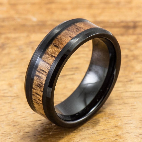 Black Tungsten Ring with Hawaiian Koa Wood Inlay (8mm width, Flat styl ...