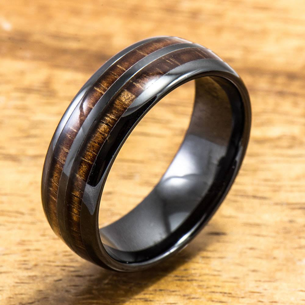 Ceramic Ring with Hawaiian Koa Wood (6mm - 8 mm width, Barrel Style ...