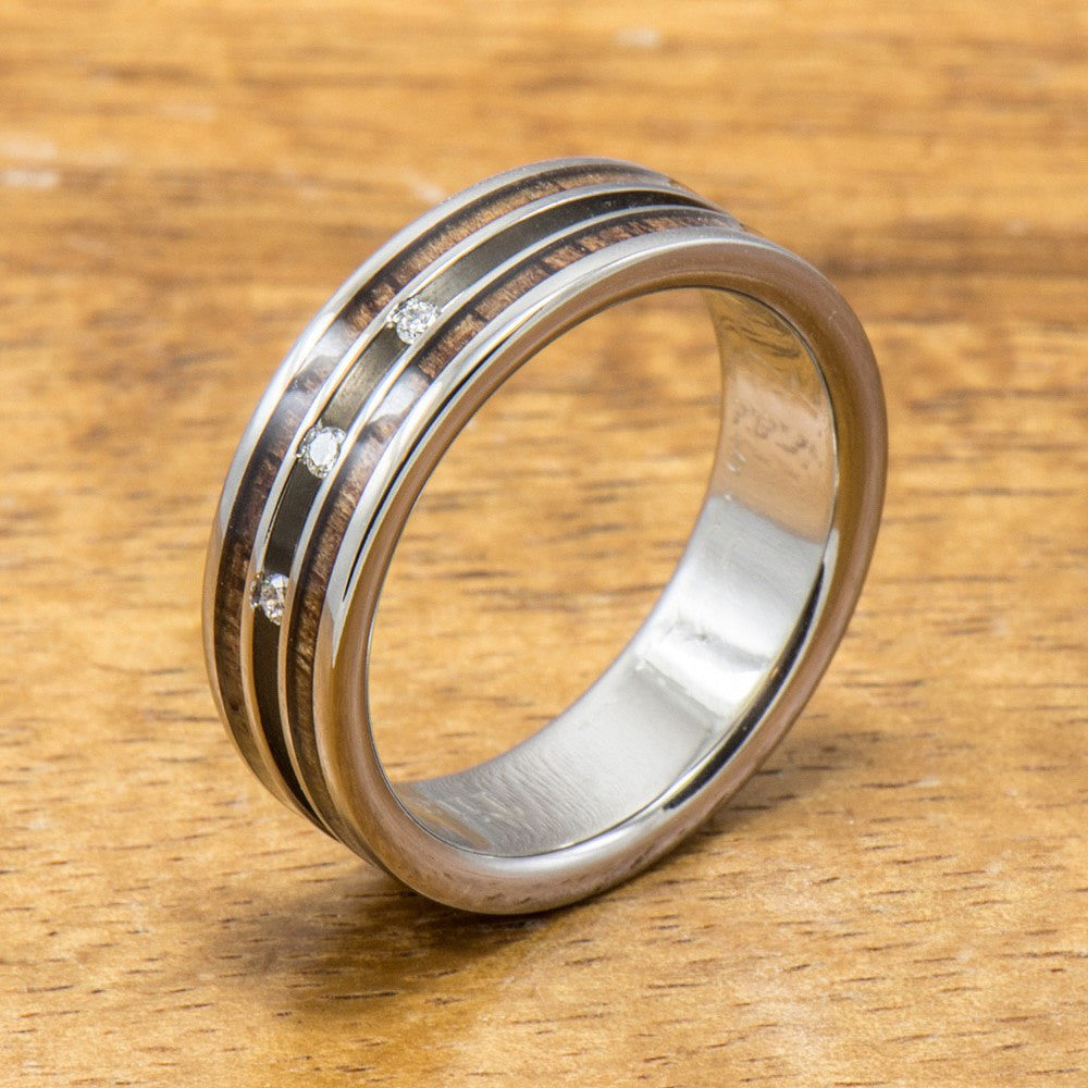 Diamond Titanium Ring with Hawaiian Koa Wood Inlay (6mm width Flat Sty ...