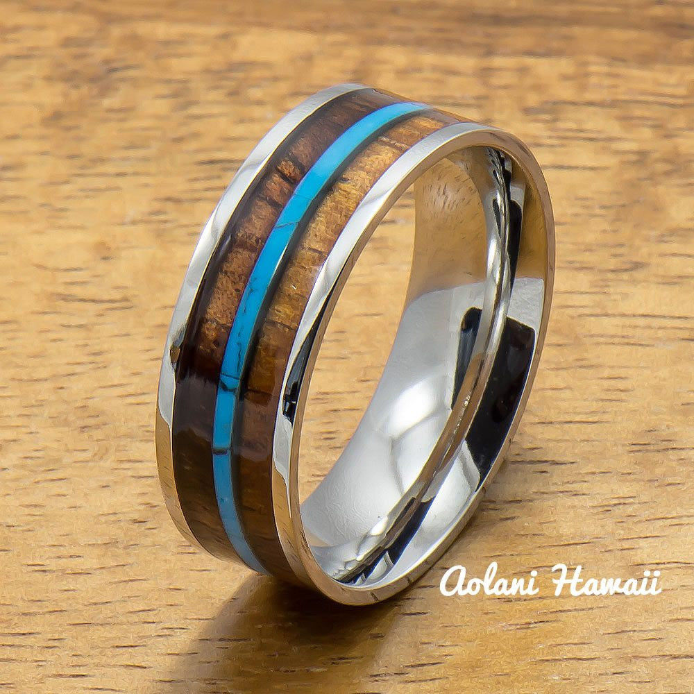 Stainless Steel Ring with Hawaiian Koa Wood & Turquoise Inlay (8mm width, Flat style)