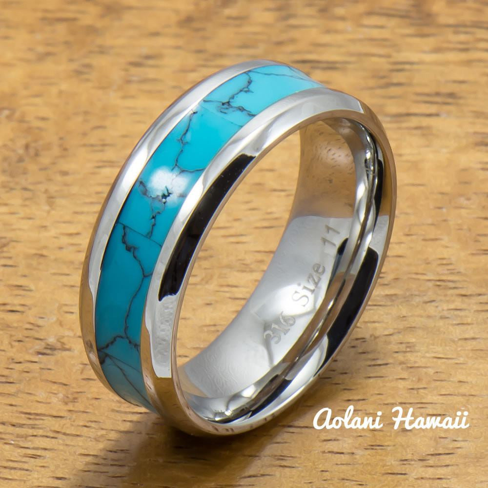 Stainless Steel Wedding Band Set with turquoise Inlay (6mm