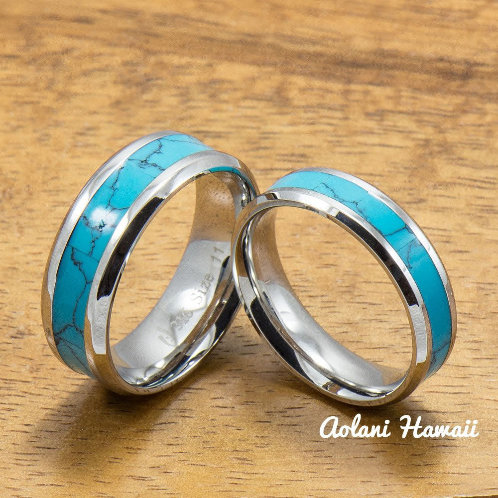 Stainless Steel Wedding Band Set with turquoise Inlay (6mm