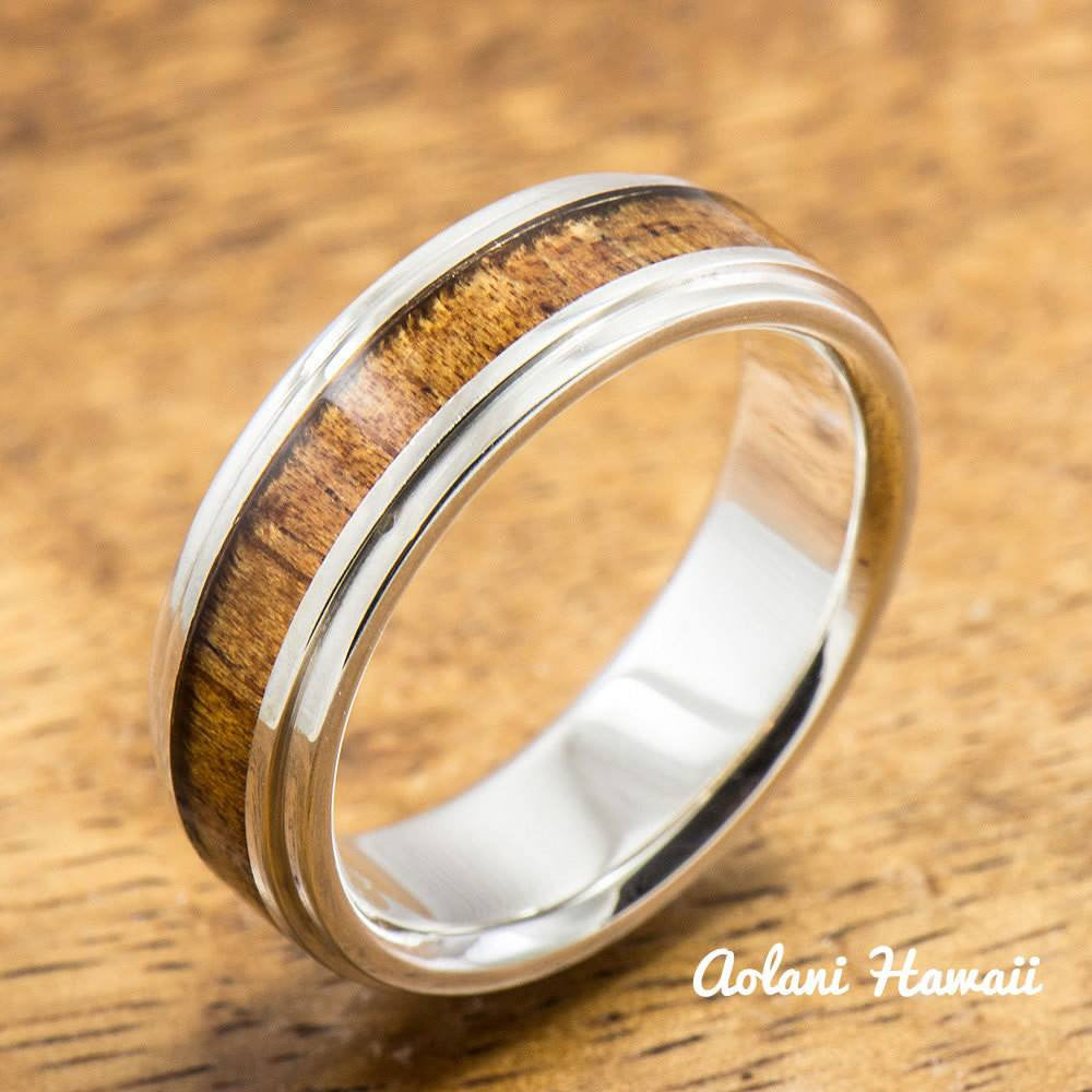 Sterling Silver Ring  with Hawaiian  Koa Wood Inlay 6mm 8mm 