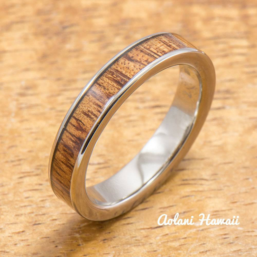 Titanium Ring with Hawaiian Koa Wood Inlay (4-6mm width, Flat Style)