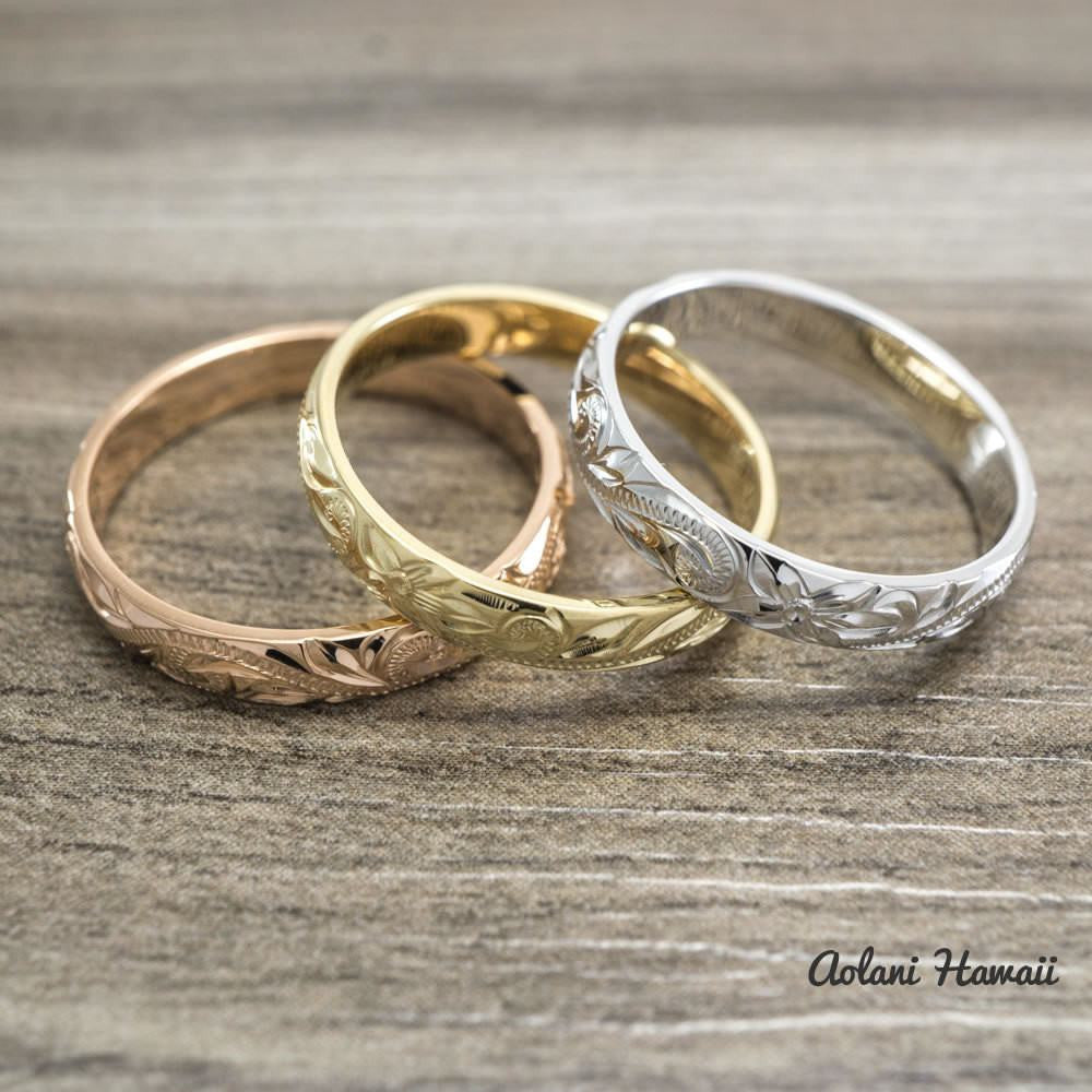 Traditional Hawaiian Hand Engraved 14k Gold Rings (3mm