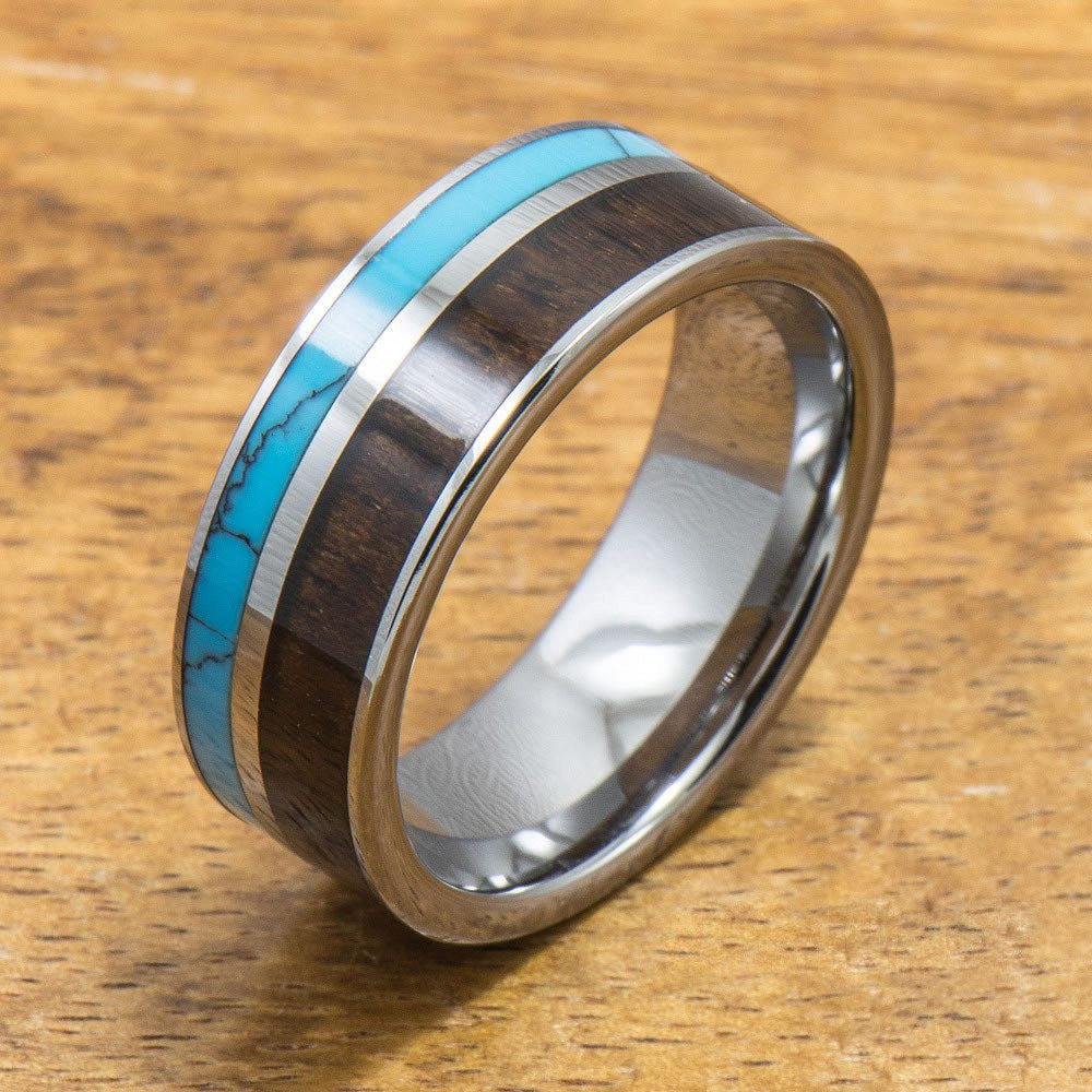 Turquoise Tungsten Ring with Dark Koa Wood Inlay (6mm - 8mm Width, Fla ...