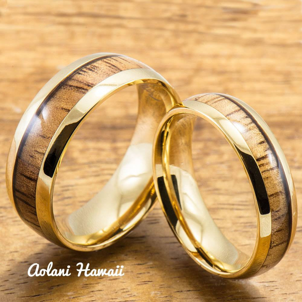 Stainless Steel Wedding Rings Set with Hawaiian Koa Wood