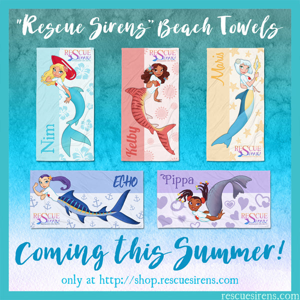 'Rescue Sirens' beach towels, designed by Jessica Steele-Sanders using illustrations by Chris Sanders