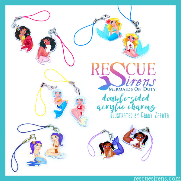 "Rescue Sirens" acrylic charms drawn by Gabby Zapata