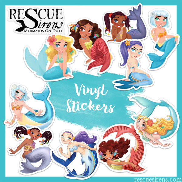 "Rescue Sirens" mermaid stickers by artists Gabby Zapata and Kellee Riley