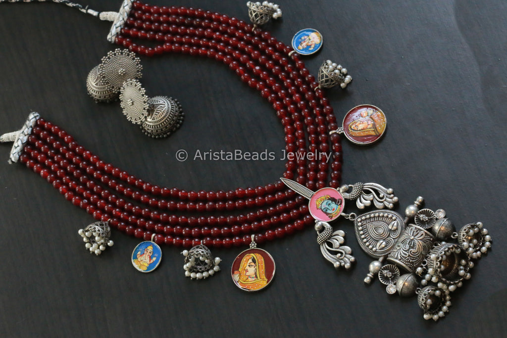 Layered Red Beads Silver Look Necklace 