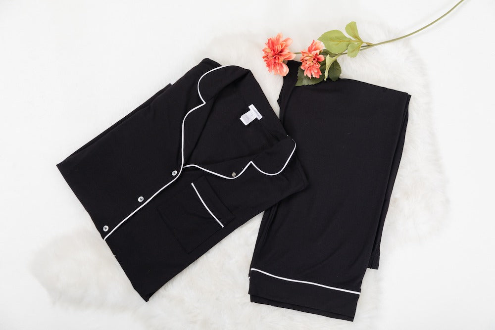 Rawbought Je Dors Collection Black Long Set pyjama set with white piping design made of sustainable modal fabric