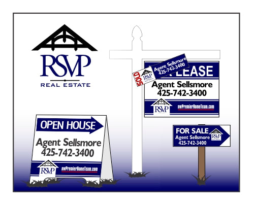 RSVP A-Board, Yard Arm with Sold Strip, and Directional Arrow on Lawn