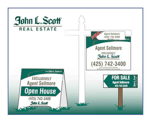 John L Scott A-Board, Yard Arm with Sold Strip, and Directional Arrow on Lawn