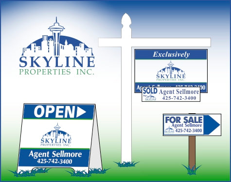 Skyline Properties Inc. A-Board, Yard Arm with Sold Strip, and Directional Arrow on Lawn