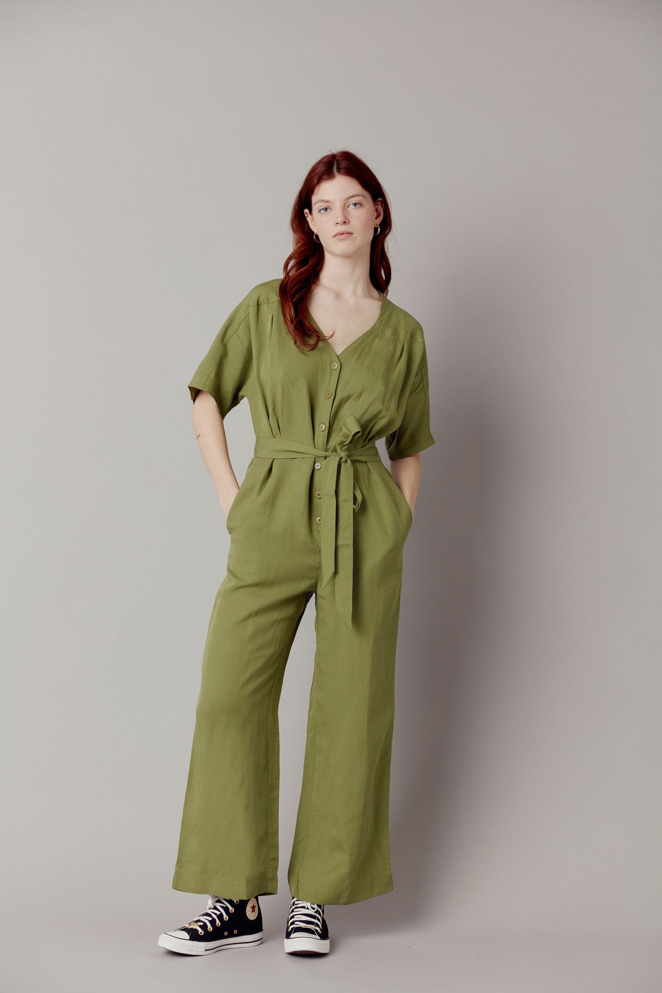 ASTIR - Tencel Linen Jumpsuit Khaki Green, SIZE 3 / UK 12 / EUR 40