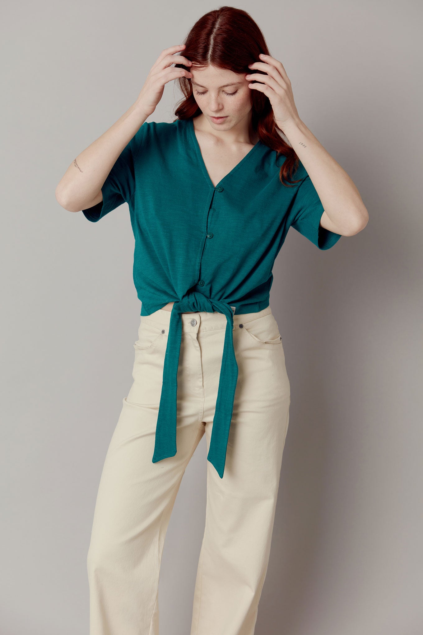 FREESIA Tie Top GOTS Organic Cotton - Teal Green, SIZE 5 / UK14 / EUR 44