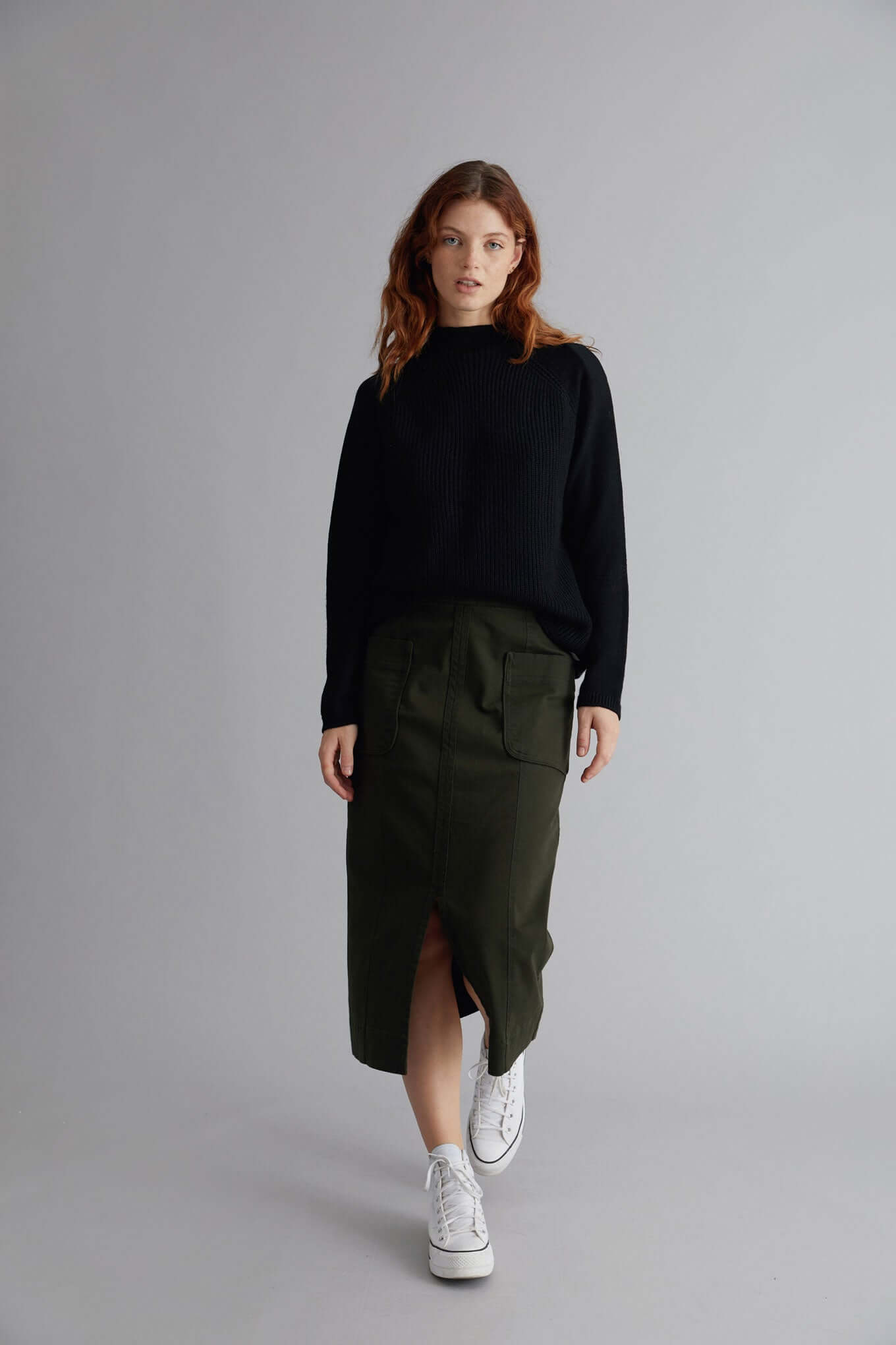 SORA Womens Organic Cotton Midi Skirt Khaki, Size 3 / UK 12 / EUR 40