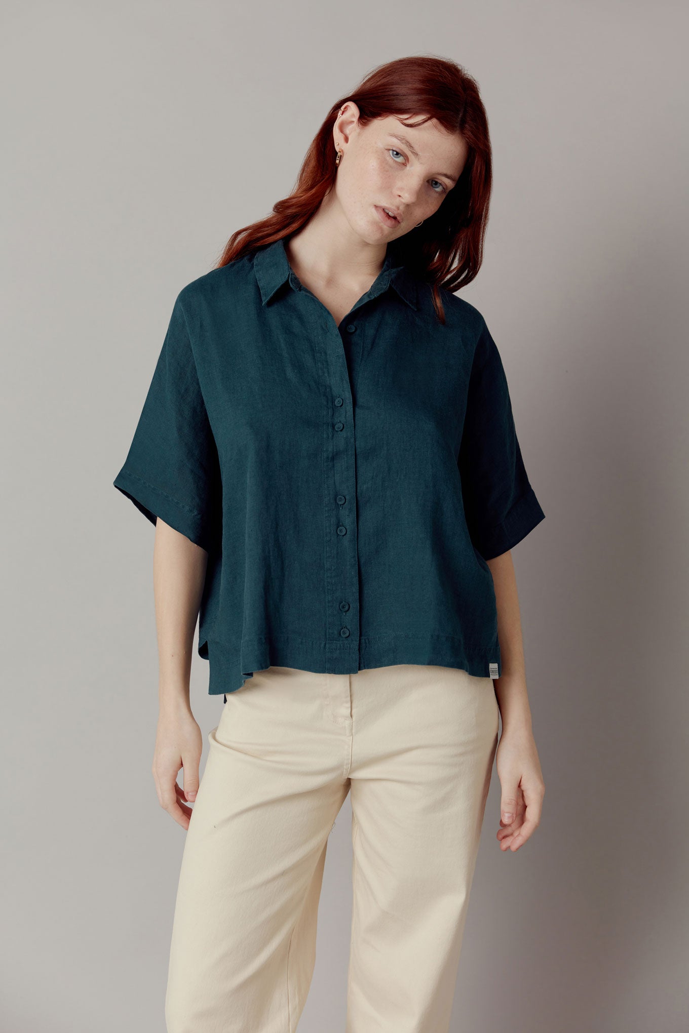 KIMONO Organic Linen Shirt - Teal Green, Size 1/ UK 8/ EUR 36