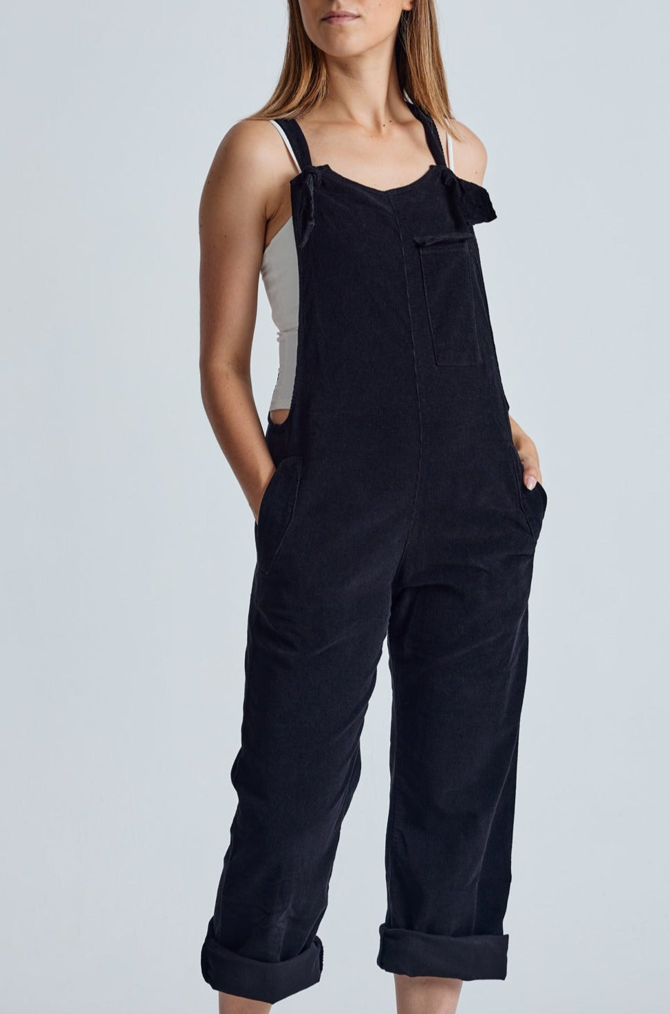 MARY-LOU Black - GOTS Organic Cotton Cord Dungarees by Flax & Loom, M