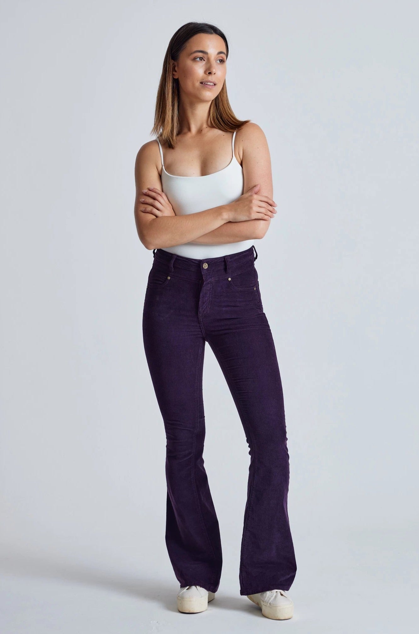 MAVIS Aubergine - GOTS Organic Cotton Cord High Waist Flared Jean by Flax & Loo, 32" / Regular