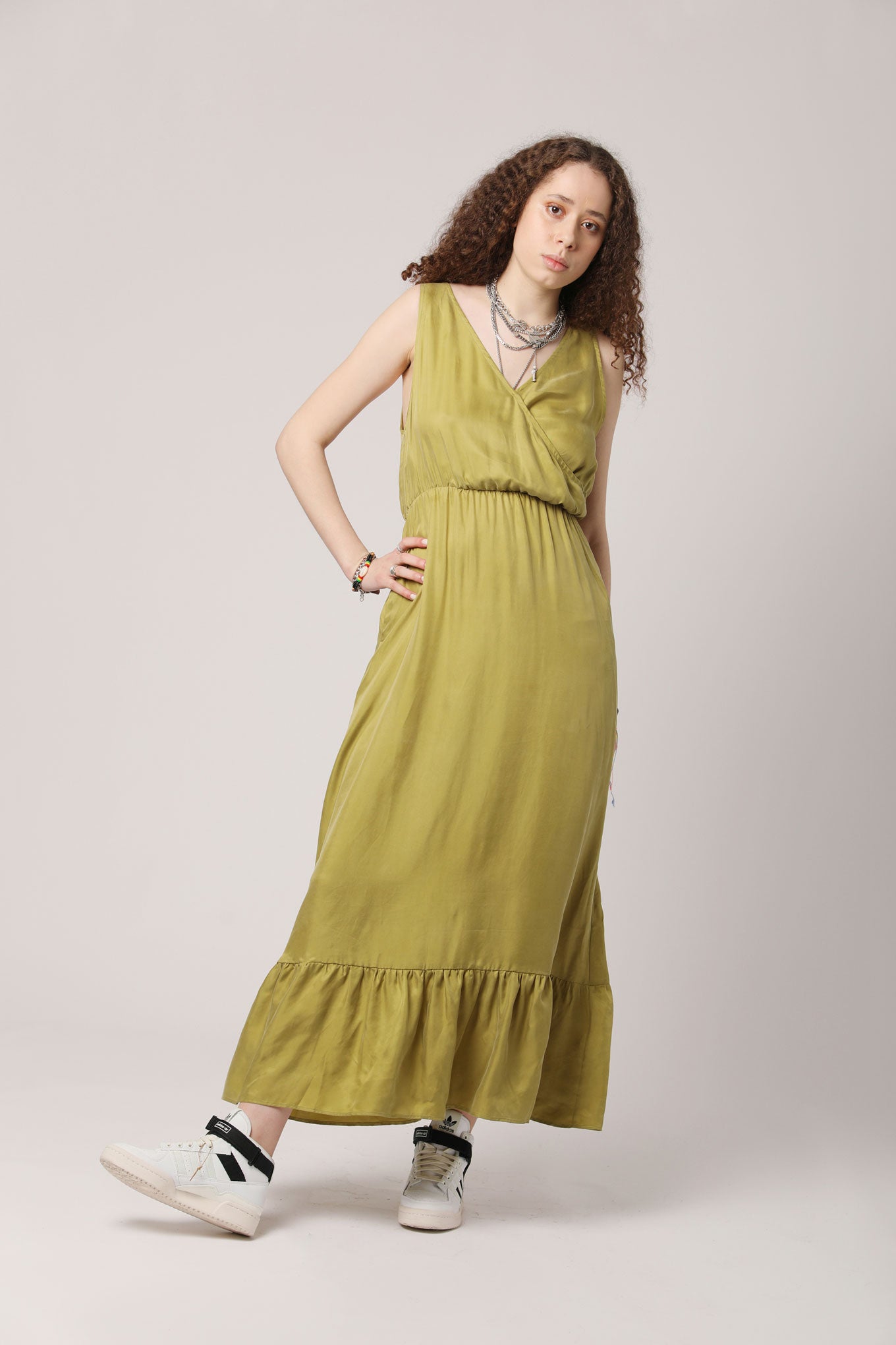 WHIRLYGIG Cupro Maxi Dress Green, SIZE 4 / UK 14 / EUR 42
