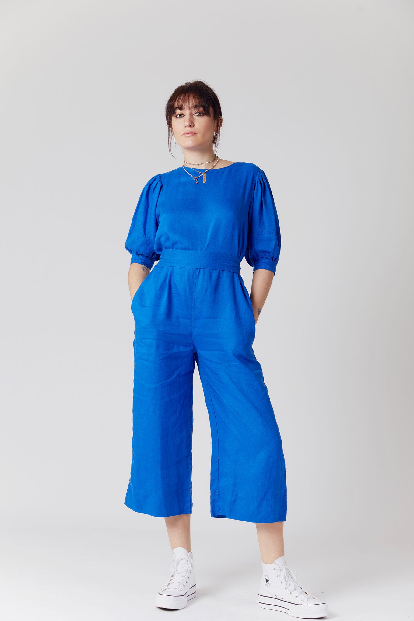 FAYE Organic Linen Jumpsuit Blue, SIZE 4 / UK 14 / EUR 42