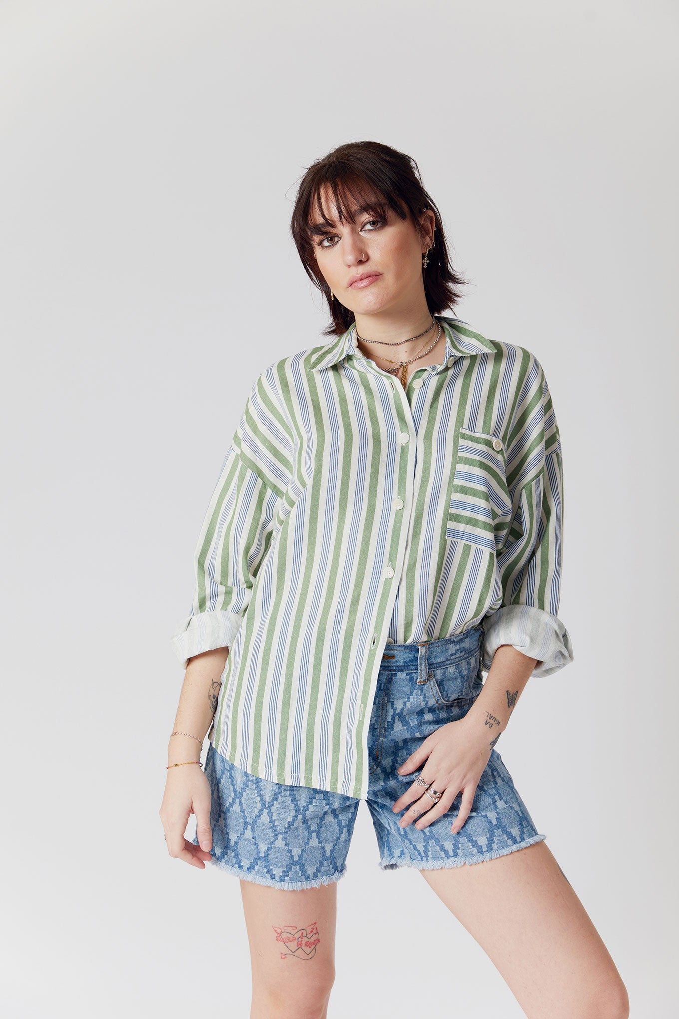 HANAKO Organic Linen Shirt Sage Green Stripe, SIZE 3 / UK 12 / EUR 40