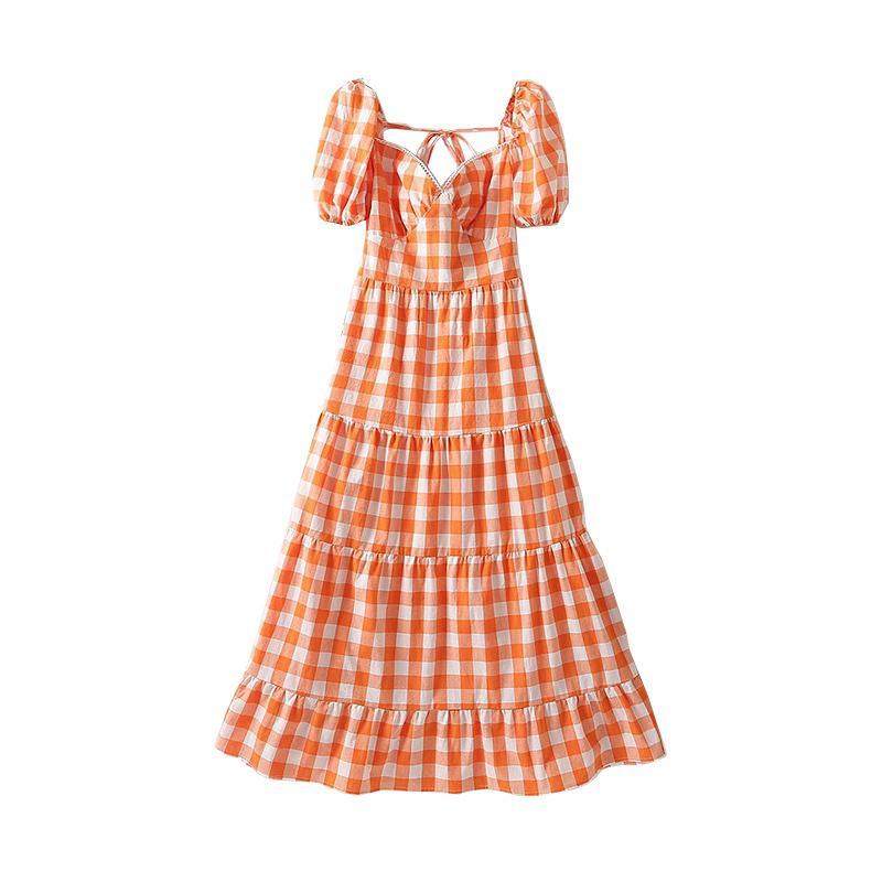 Orange Plaid Long Maxi Dress - 02a0bc4aaf8bd05c01663ea9123eaab7