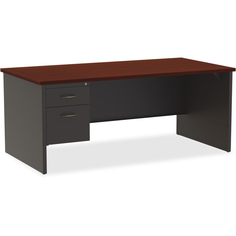 Lorell Mahogany Laminate/Charcoal Modular Desk Series Pedestal Desk - 2-Drawer - 72" x 36" , 1.1" Top - 2 x Box, File Drawer(s) - Single Pedestal on Left Side - Material: Steel - Finish: Mahogany Lami