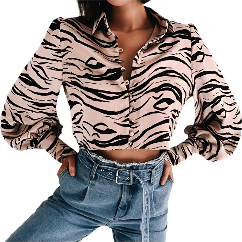 Animal print satin blouse shirt Women turndown collar buttons